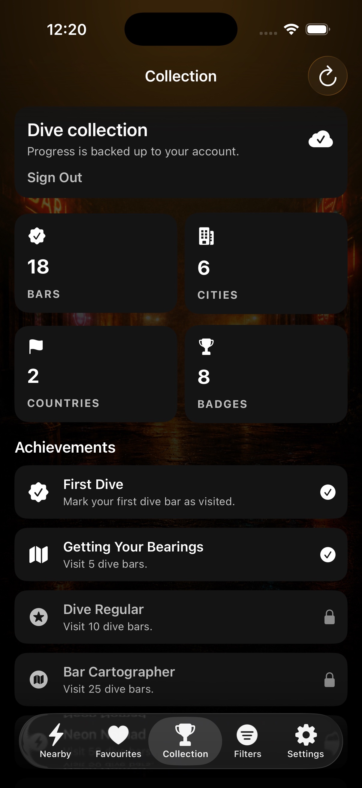 Dive Bar Finder collection showing bars, cities, countries and achievement progress