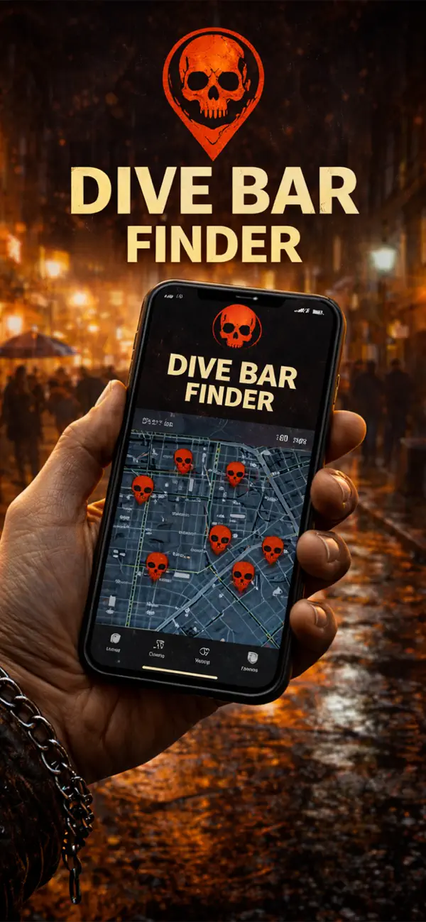 Dive Bar Finder showing nearby dive bars in a list on iPhone
