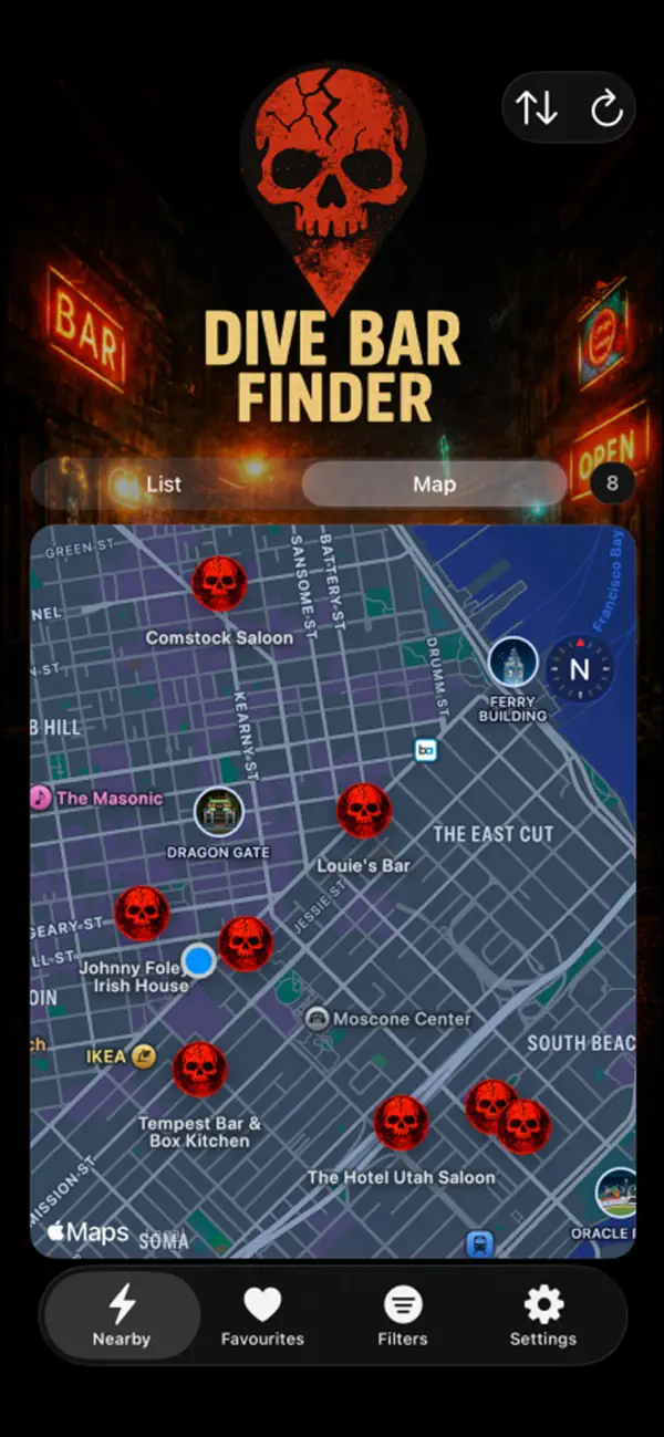 Dive bar finder favourites screen
